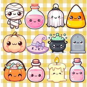 Peut inclure: Une collection d'illustrations mignonnes sur le thème d'Halloween. Comprend une momie, des flacons de potion, un fantôme, des bonbons, une citrouille, un chapeau de sorcière, un chaudron, une pierre tombale, un panier de bonbons et une bougie.