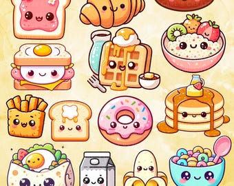 20 Kawaii Breakfast Food Clipart High Quality PNG Food Illustrations Pancake Banana Coffee Cereal Egg for Stickers and Scrapbooking Crafts