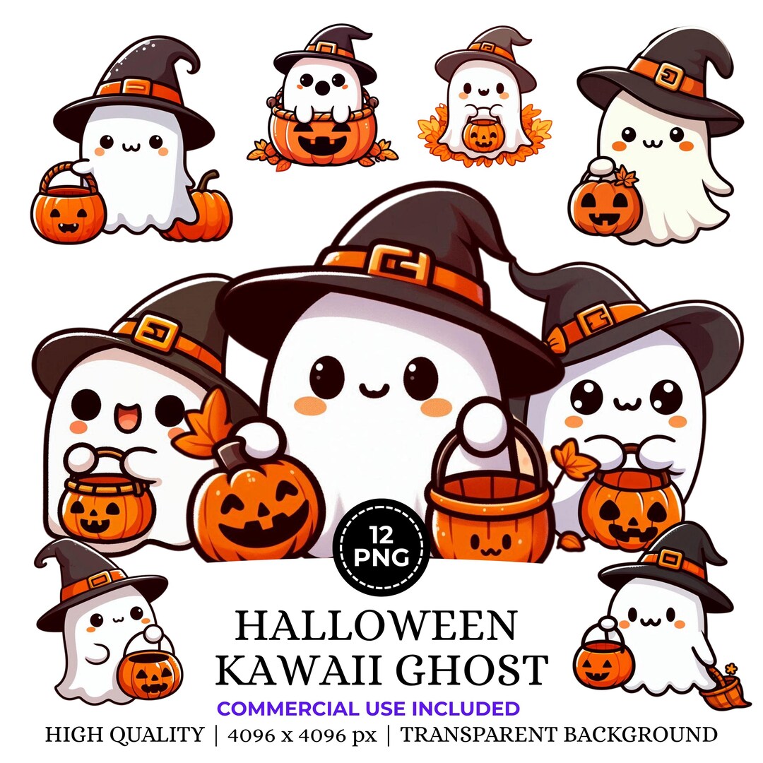12 Cute Kawaii Halloween Ghost PNG Clipart, Spooky Halloween Clipart ...
