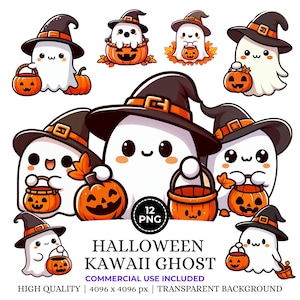 12 Cute Kawaii Halloween Ghost PNG Clipart, Spooky Halloween Clipart, Ghost Clipart, Kids Halloween PNG, Cute Ghost PNG,  Commercial Use