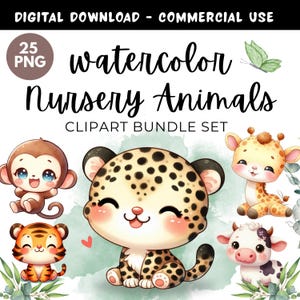25 Cute Nursery Animals Watercolor Clipart Bundle, Baby Animals PNG, Nursery Clipart, Watercolor Animals, Nursery Printable Digital Download