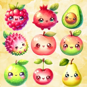 10 Kawaii Fruits PNG Clipart Bundle Smiling Fruit Illustration Raspberry Avocado Pear Cherry for Stickers Digital Planner Scrapbooking Craft