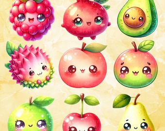 Paquete de imágenes prediseñadas de frutas kawaii: Ilustraciones de frutas sonrientes (Descarga digital PNG)