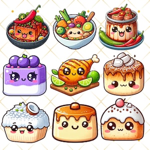 30 Kawaii Filipino Food and Snack Clipart Cute Traditional Filipino Dish PNG Adobo Halo Halo Lumpia for Stickers Scrapbooking Journals Craft