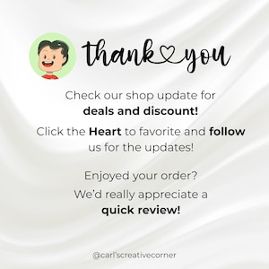 Puede incluir: Gr&aacute;fico con las palabras "thank you" en escritura cursiva. La imagen incluye un personaje de dibujos animados y texto que anima a los clientes a consultar ofertas, marcar la tienda como favorita y dejar una rese&ntilde;a.