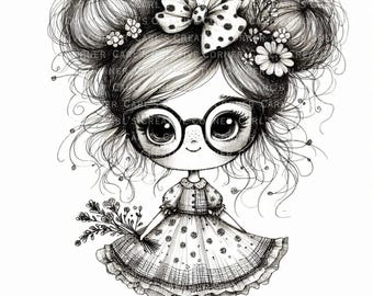 Quirky Girl Clipart: Hand-Drawn Whimsical Illustration (PNG Digital Download)