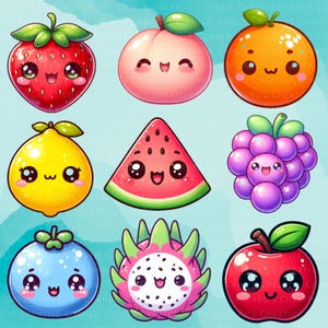 Puede incluir: Una colecci&oacute;n de nueve frutas de dibujos animados con caras sonrientes. Las frutas incluyen una fresa roja, un melocot&oacute;n, una naranja, un lim&oacute;n amarillo, una rodaja de sand&iacute;a, un racimo de uvas moradas, un ar&aacute;ndano, una fruta del drag&oacute;n y una manzana roja.