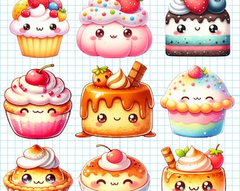 Pode incluir: Uma coleção de nove cupcakes e sobremesas de desenho animado com rostos sorridentes. Cada sobremesa apresenta cobertura colorida, coberturas de frutas como morangos e cerejas e granulados decorativos. As sobremesas estão em um fundo quadriculado.