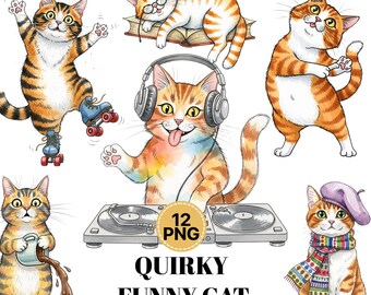 Bundel grappige eigenzinnige kat-clipart: grillige png-afbeeldingen (digitale download)