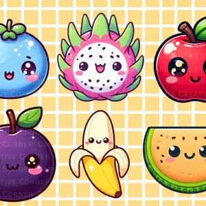 Puede incluir: Seis ilustraciones de frutas de estilo kawaii. Incluye un ar&aacute;ndano, fruta del drag&oacute;n, manzana, ciruela, pl&aacute;tano y una rodaja de mel&oacute;n. Cada fruta tiene ojos grandes y expresivos y una boca sonriente, sobre un fondo de cuadr&iacute;cula amarilla.