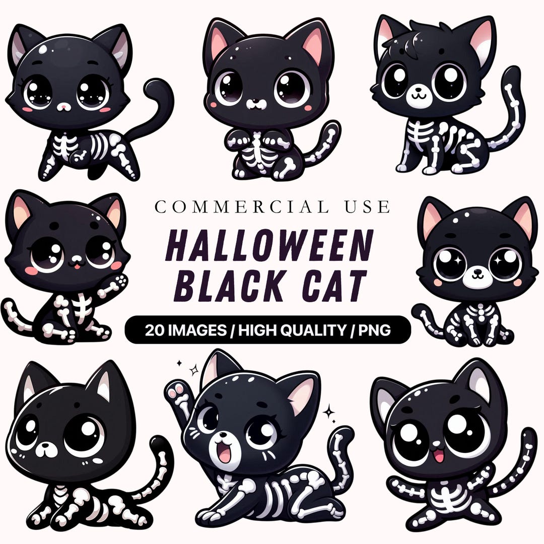 Skeleton Black Cat Clipart Bundle: Halloween Gothic PNG (digital ...