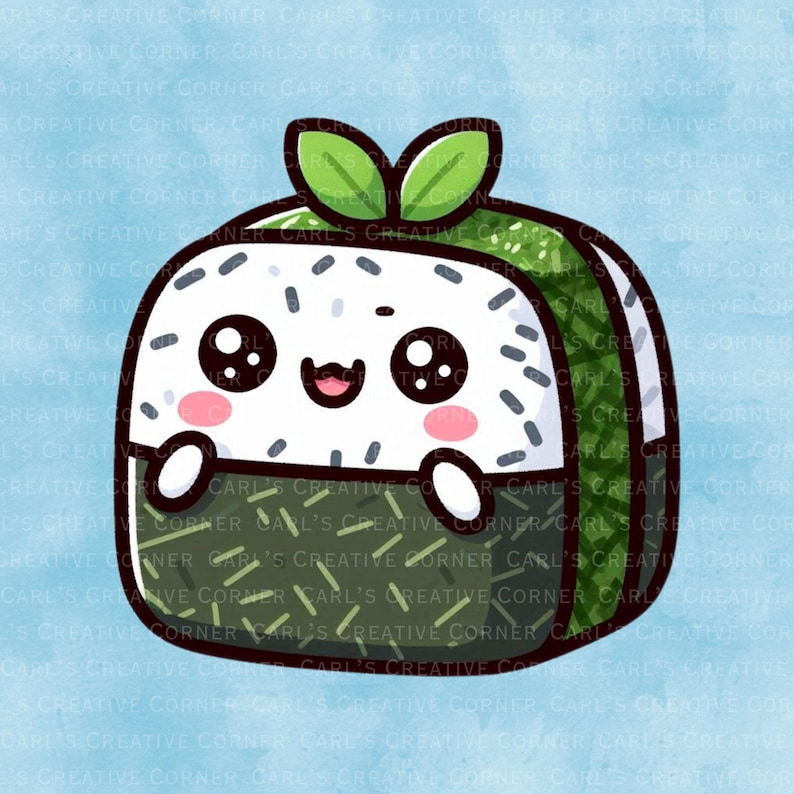 May include: A cute, cartoon-style sushi roll illustration with a smiling face, rosy cheeks, and small arms. The sushi is white with black flecks, wrapped in green seaweed, and topped with two green leaves. The background is a light blue watercolor wash.