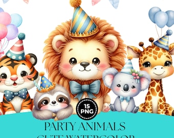 Pakiet clipartów „Party Animals”: Motyw urodzinowej dżungli (pobieranie cyfrowe PNG, do użytku komercyjnego)