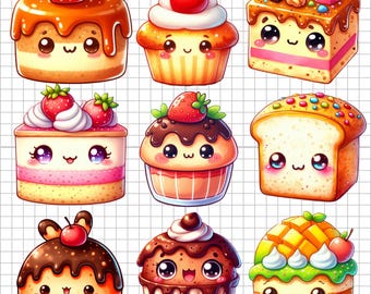 10 söta kawaii dessert clipart-paket PNG-matillustrationer perfekta för scrapbooking, klistermärken, digitala planerare, gör-det-själv-pyssel