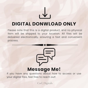May include: A digital product announcement with the text "DIGITAL DONWLOAD ONLY" and "Message Me!". The image includes a download icon and speech bubble graphics. The background is a soft, neutral color.