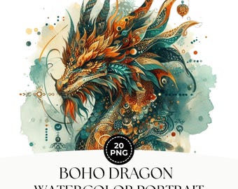 20 Boho Watercolor Dragon Clipart Bundle, High Quality Dragon Illustrations Printable Watercolor, Junk Journal, Papercraft,  Digital Craft
