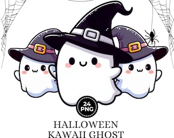 24 Cute Kawaii Halloween Ghost Clipart,  Spooky Halloween Clipart, Ghost Clipart, Kids Halloween PNG, Cute Ghost PNG, Watercolor Printables