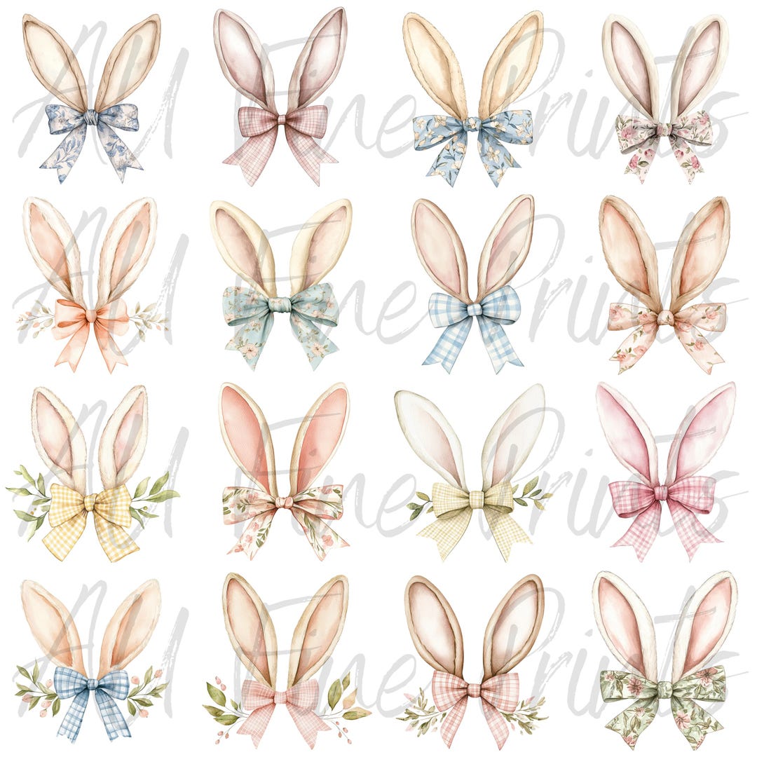32 Easter Bunny Ears Watercolour Printable File Clipart Bundle PNG ...