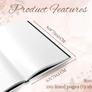 May include: An open A5 notebook with white lined pages. The notebook measures 8.07 inches (20.5 cm) by 5.71 inches (14.5 cm) and contains 150 lined pages (75 sheets). The words "Product Features" are at the top.