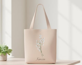 Custom Birth Flower Tote Bag with Name, Personalized Floral Tote for Mom or Grandma, Birthday Gift, Meaningful Gift for Her