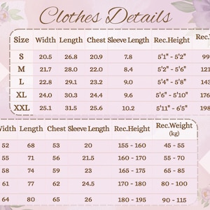 May include: A detailed chart titled "Clothes Details" with size measurements in inches and pounds. The chart includes sizes S to XXL, listing width, length, chest, sleeve length, recommended height, and weight.