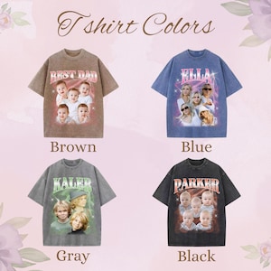 May include: Four short-sleeved t-shirts in brown, blue, gray, and black. Each shirt features a graphic design with a name and images of people. The text "T shirt Colors" is at the top of the image.