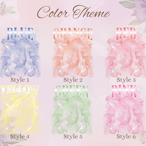 May include: A digital art print featuring six color themes: blue, orange, red, yellow, green, and pink. Each color is displayed with a stylized smoke effect and the color name in a decorative font. The words "Color Theme" are at the top.