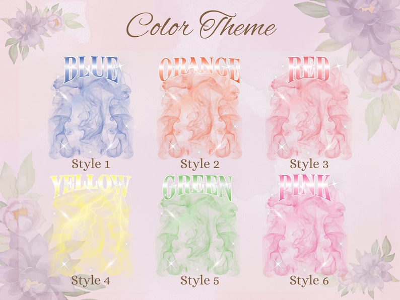 May include: A digital art print featuring six color themes: blue, orange, red, yellow, green, and pink. Each color is displayed with a stylized smoke effect and the color name in a decorative font. The words "Color Theme" are at the top.