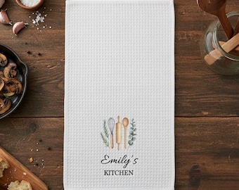 Personalized Tea Towels, Custom Wedding Gift for Newlyweds, Hanging Kitchen Dish Towel, Waffle Weave Microfiber