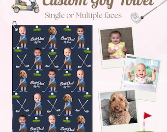 Aangepaste gezichtsgolfhanddoek, grappige golfhanddoek met baby- of huisdiergezichten, aangepaste gezichtshanddoek huisdier en kind, beste cadeau vader, cadeaus golfliefhebber