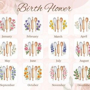 May include: A decorative print featuring twelve squares, each representing a month and birth flower. Each square includes a whisk, rolling pin, and spoon. The text "Birth Flower" is at the top. Floral designs surround the squares.