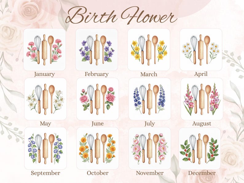 May include: A decorative print featuring twelve squares, each representing a month and birth flower. Each square includes a whisk, rolling pin, and spoon. The text "Birth Flower" is at the top. Floral designs surround the squares.