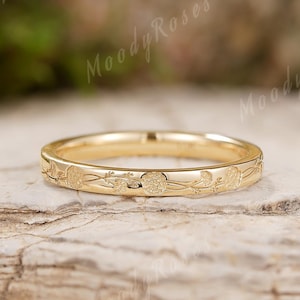 Vintage Wildflower Wedding Ring, Birth Flower Ring, Stacking Ring, Anniversary Gift For Her, Carved Flowers & Leafs 14k Gold Wedding Band