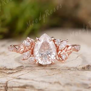 Unique Pear Shaped Moissanite  Woodland Engagement Ring Yellow Gold Rose Flower Design Wedding Rings Flower Ring Anniversary Gift For Women