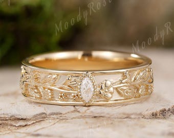Vintage Wildflower Wedding Band, Birth flower ring, Carved Flowers & Leafs 14k Gold Wedding Ring,  Botanical Garden Ring, Anniversary Gift