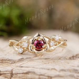 Unique Ruby Engagement Ring Yellow Gold June Birthday Flower Design Nature Inspired Wedding Ring Moissanite Cluster Promise Rings For Her