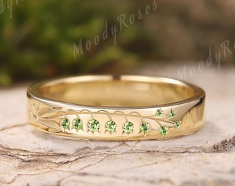 4mm Unique Lily of the valley Floral Wedding Band Yellow Gold Nature Inspired Peridot Wedding Ring May Birth Flower Promise Gift For Her