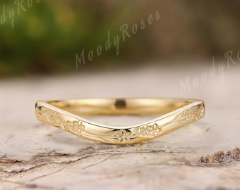Vintage Handmade Gravierte Hochzeit Band Art Deco Solid Gold Blume Ehering Stapelbar Versprechen Ringe Passende Ringe für Frauen Geschenk für sie