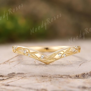 V-Shaped Snowdrop Wedding Ring, January Birth Flower Solid Gold Stacking Ring, Nature Inspired Floral Ring