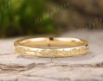 Birth flower ring,Daisy Flower ring, Sisters Ring, Floral Crown Ring For Women, Carved Flowers & Leafs 14k Gold Wedding Band,Wildflower Ring