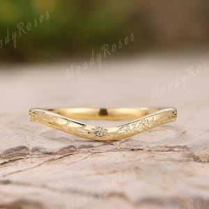 Unique Handmade Engraved Wedding Band Art Deco Solid Gold Wildflower Wedding Ring Stackable Promise Ring Matching Ring Women Gift For Her