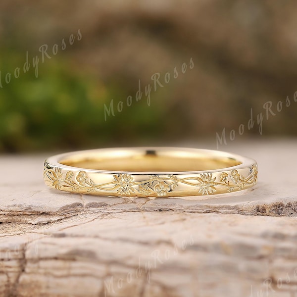 Unique Wildflower Wedding Ring, Birth Flower Ring, Stacking Ring, Anniversary Gift For Her, Carved Flowers & Leafs 14k Gold Wedding Band
