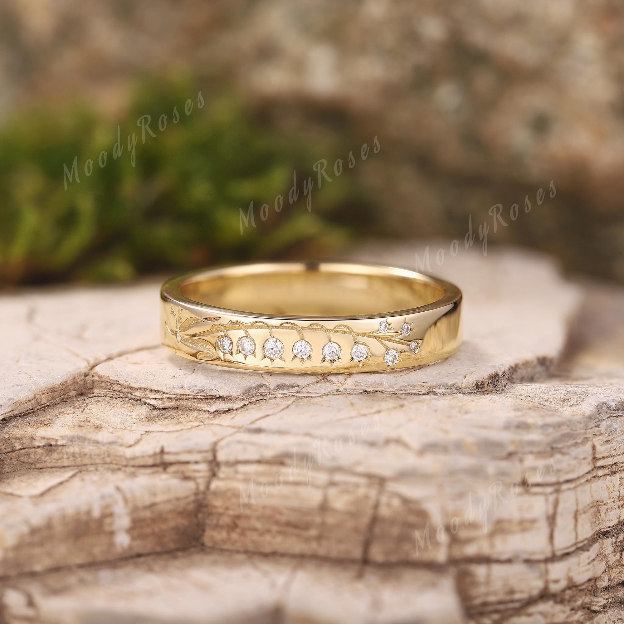 4mm Unique Lily of the valley Floral Wedding Band Yellow Gold Nature Inspired Diamond Wedding Ring May Birth Flower Promise Gift For Her