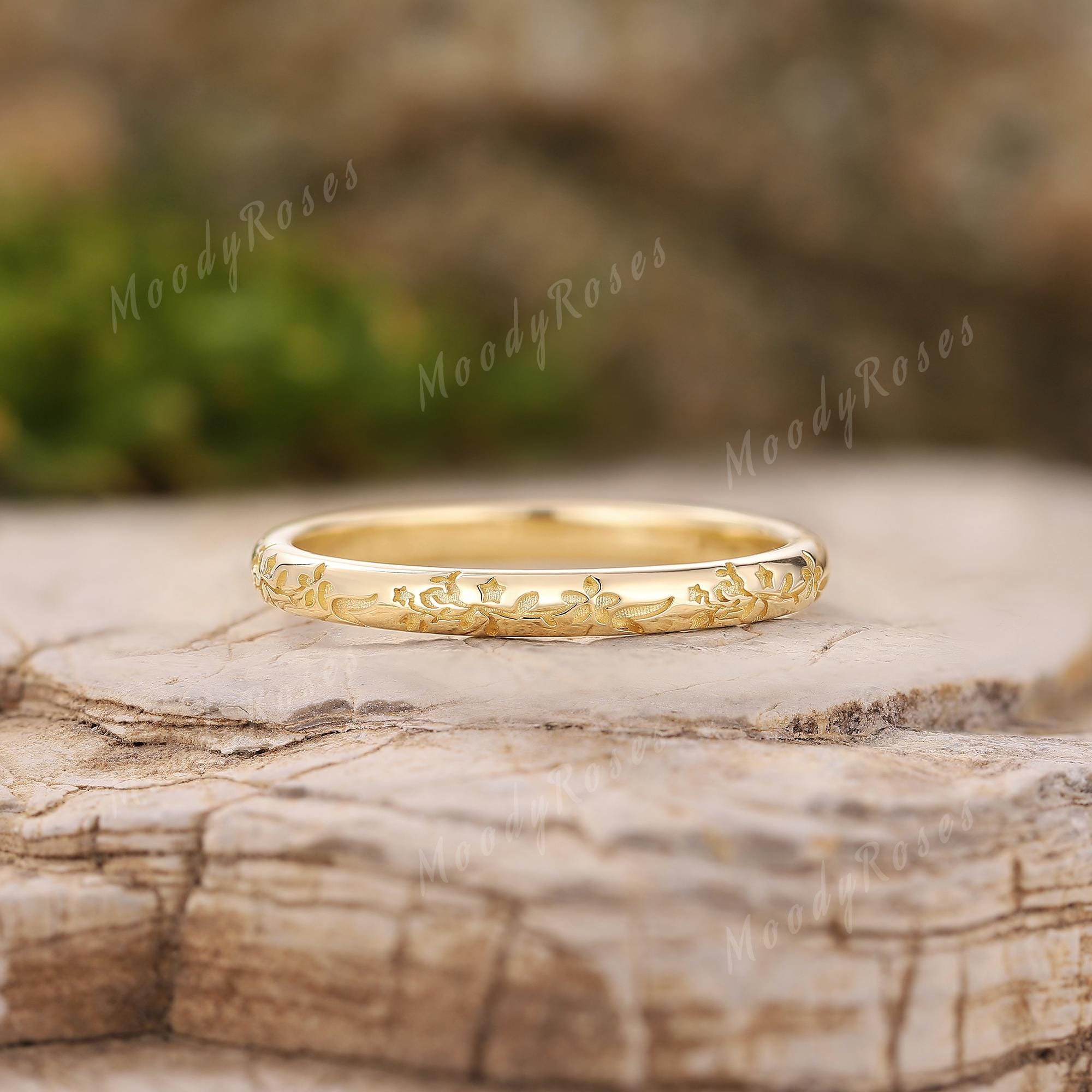 2 mm D Shape Wildflower Wedding Band, Gold Floral Stacking Ring, Nature Inspired Slim Ring for Woman