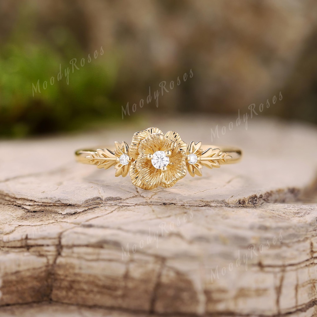 Unique Flower Rings Unique Flower Ring, Poppy Flower Engagement Ring, Birthday Flower Ring ...