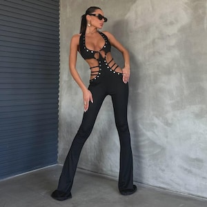Luxury Women&#39;s Black Jumpsuit, Low Back - Wide Leg Pants, Elegant & Sexy Outfit, Night Catsuit, Black Bodycon Romper, Party Dress, Outfit