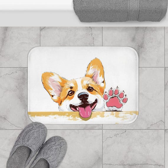 Corgi Bath Mat: Non-Slip Dog Paw Print Bathroom Decor