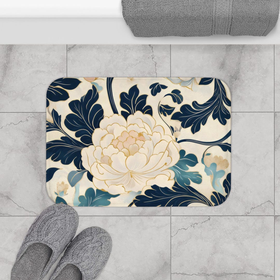 Art Nouveau-inspired Floral Anti-slip Bath Mat Peony Pattern Navy and ...