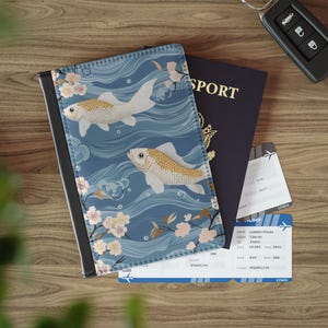 Koi Fish Passport Cover: Faux Leather Floral Travel Wallet