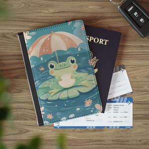 Bonita funda de pasaporte de piel sintética con forma de rana, diseño de nenúfar, accesorio de viaje con motivos florales coloridos, billetera de viaje con forma de rana y paraguas